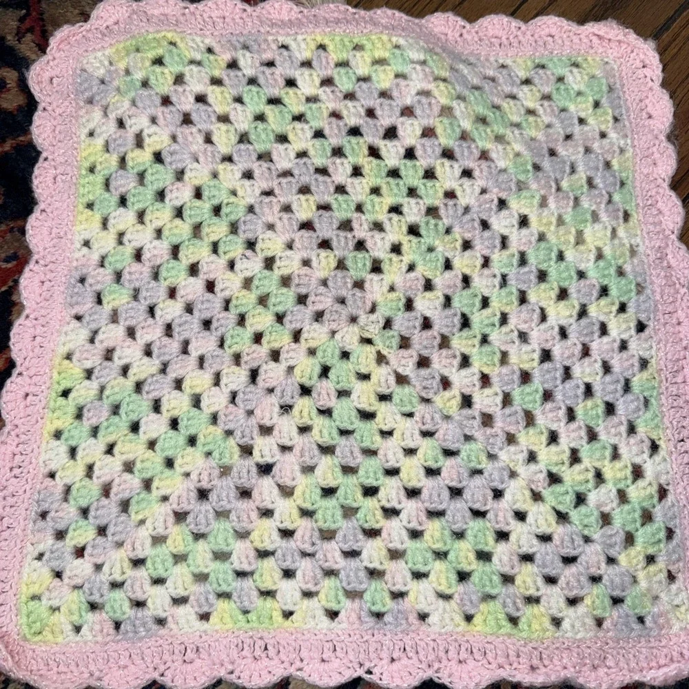 Hand Made Knit/Crochet Baby Blanket Pastel Pink Green Yellow 15